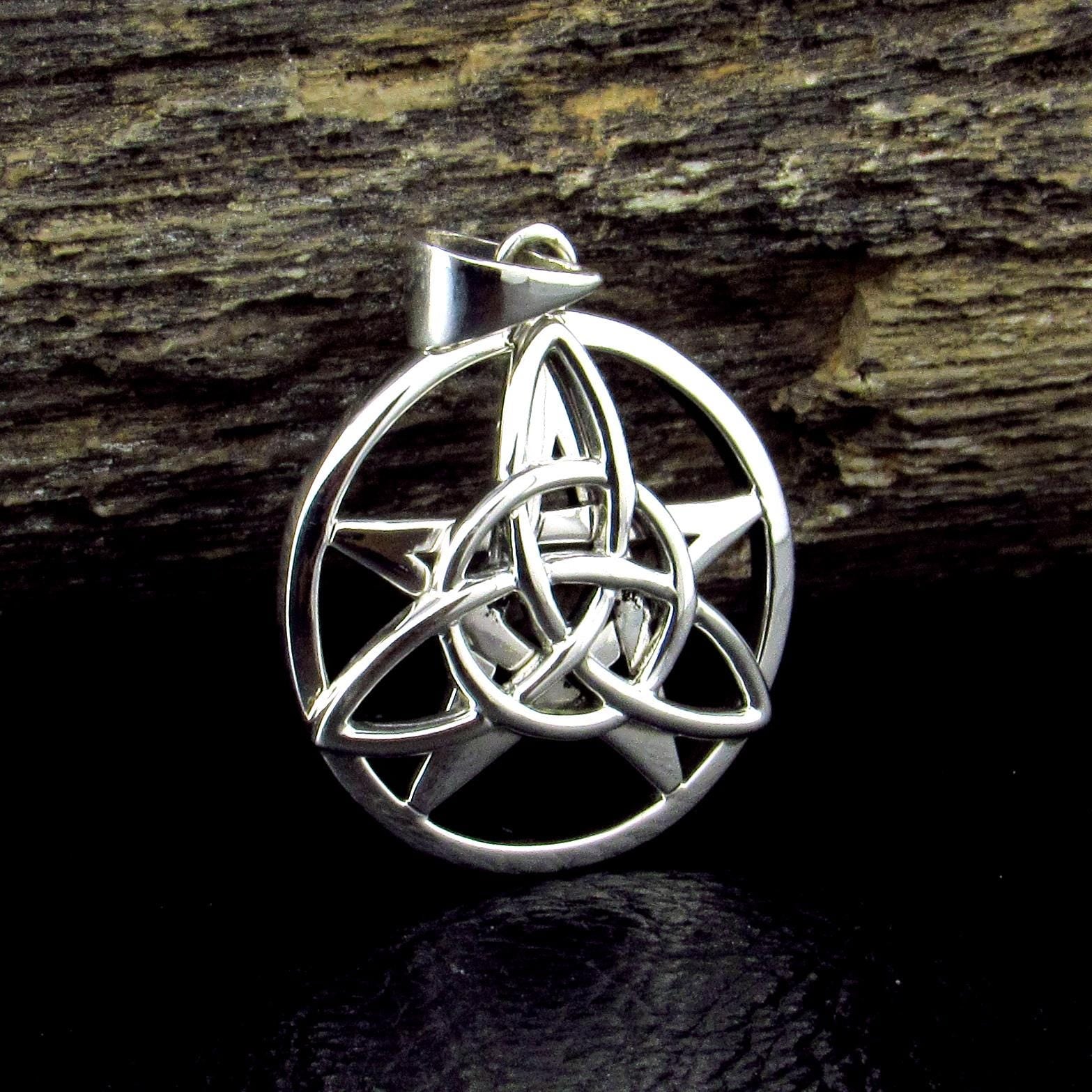 Solid 925 Sterling Silver Druid Amulet, Celtic Trinity Knot & Pentagram Star Pendant, Magical Protection and Wisdon Talisman