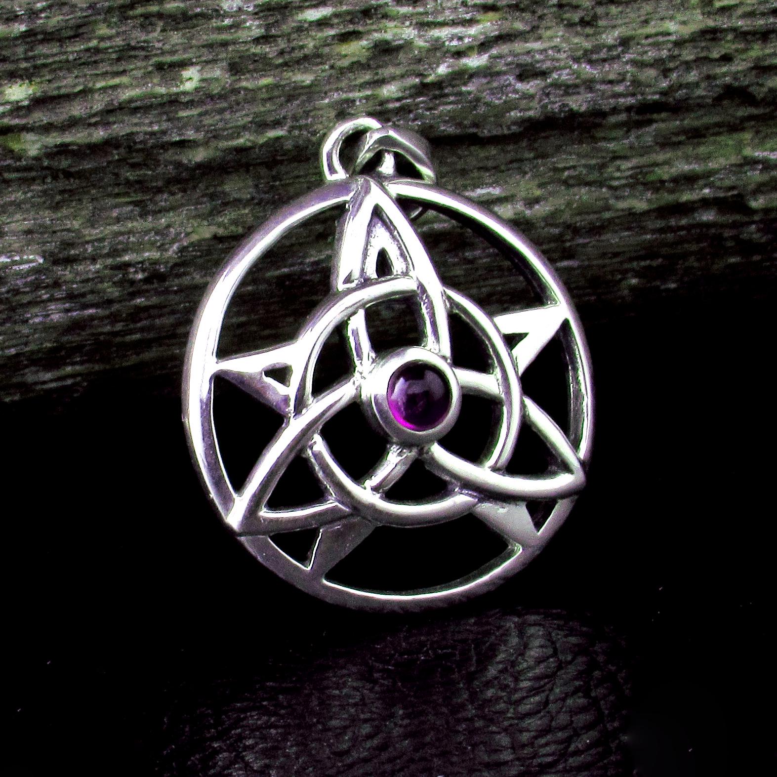 Solid 925 Sterling Silver Druid Amulet With Gemstone, Celtic Trinity Knot & Pentagram Star Pendant, Magical Protection and Wisdon Talisman