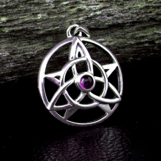Solid 925 Sterling Silver Druid Amulet With Gemstone, Celtic Trinity Knot & Pentagram Star Pendant, Magical Protection and Wisdon Talisman