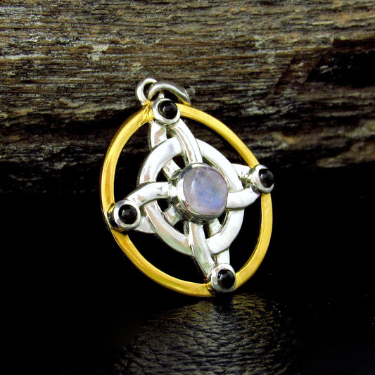 Solid 925 Sterling Silver & 18k Gold Witch's Protection Knot Pendant, Celtic Quaternary Knot, with Moonstone, Onyx, and Quartz