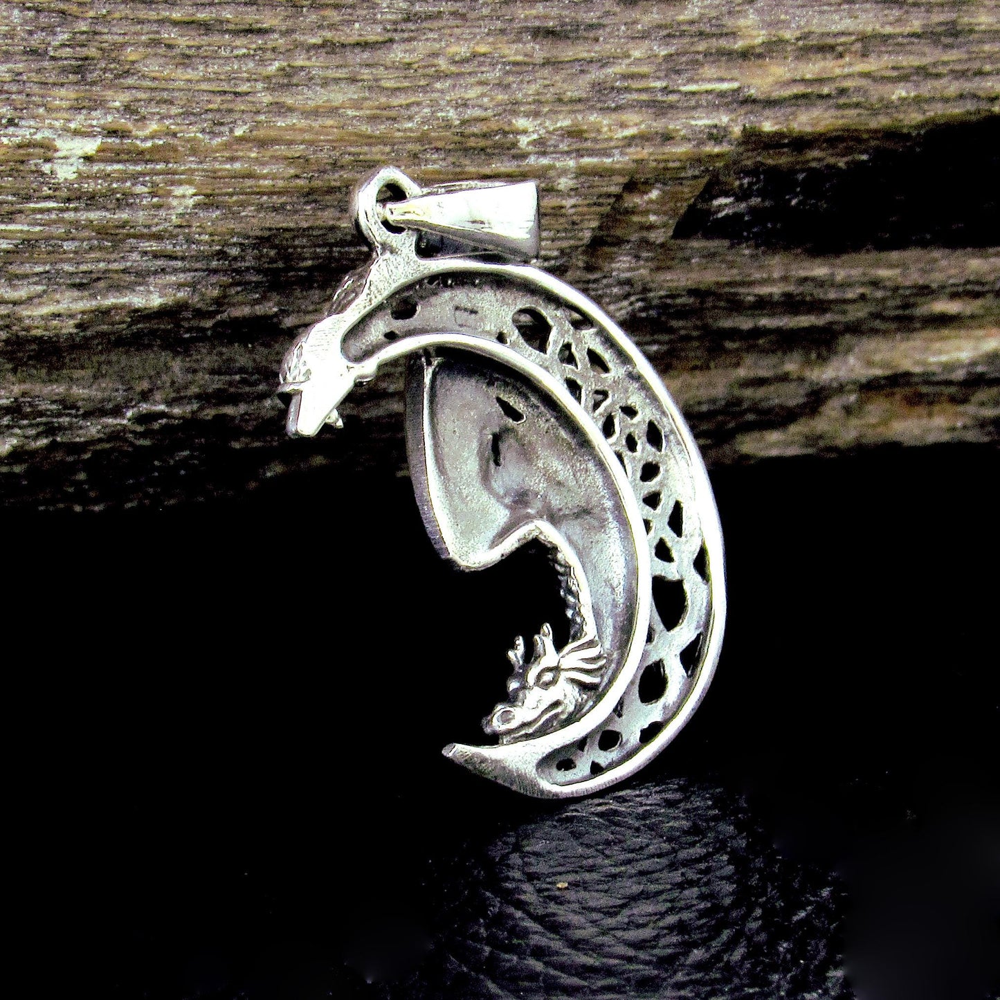 Solid 925 Sterling Silver Dragon Moon Pendant – Celtic Dragon Necklace Amulet, Gothic Fantasy Jewelry