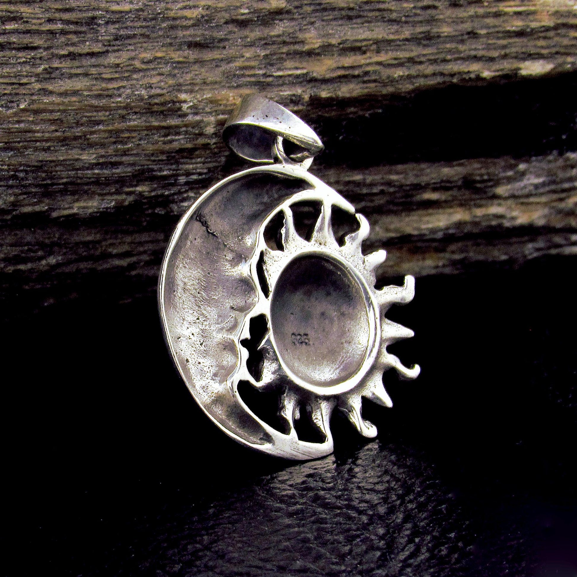 Solid 925 Sterling Silver Sun and Crescent Moon Faces Pendant, Cosmic Solar & Lunar Amulet