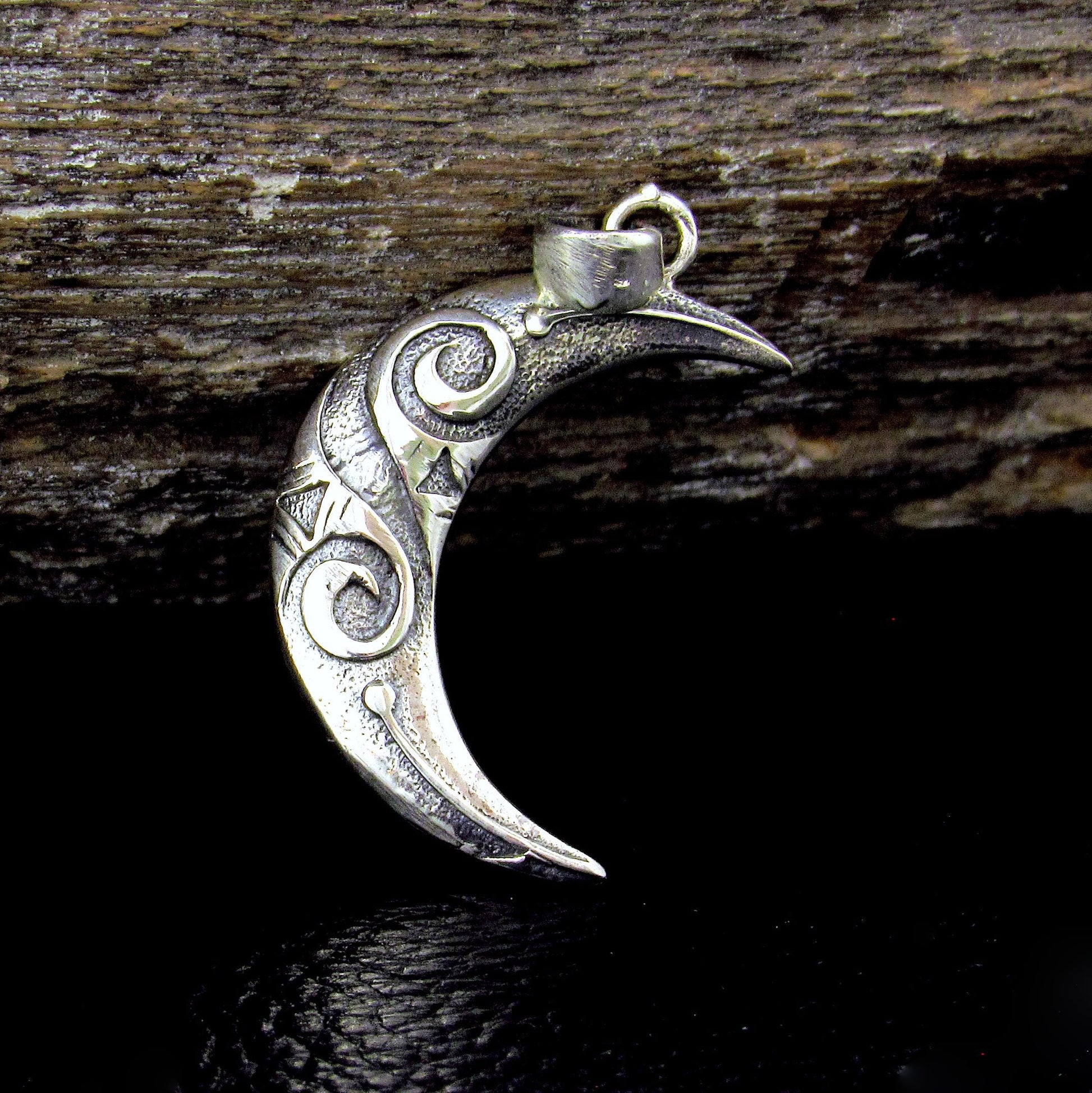 Solid 925 Sterling Silver Crescent Moon Pendant - Mystical Jewelry - Spiral Goddess Charm