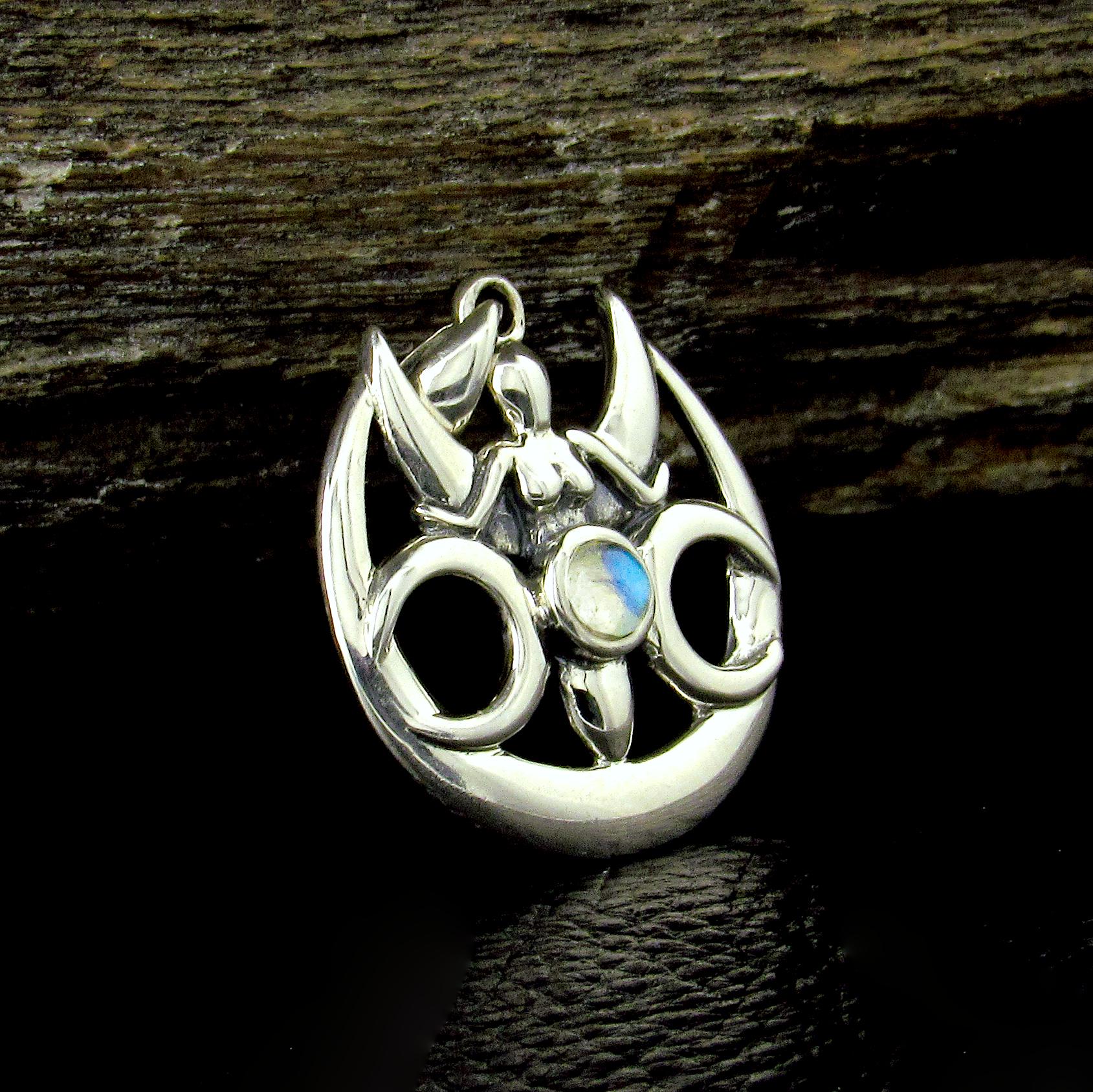 Solid 925 Sterling Silver Goddess Triple Moon Rainbow Moonstone Pendant, Maiden Mother Crone Amulet