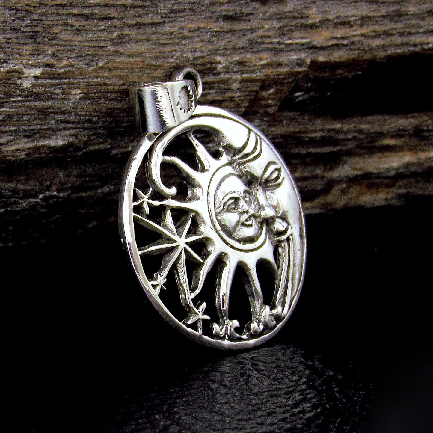Solid 925 Sterling Silver Sun and Moon Face Pendant, Cosmic Stars Jewelry, Astrology Amulet