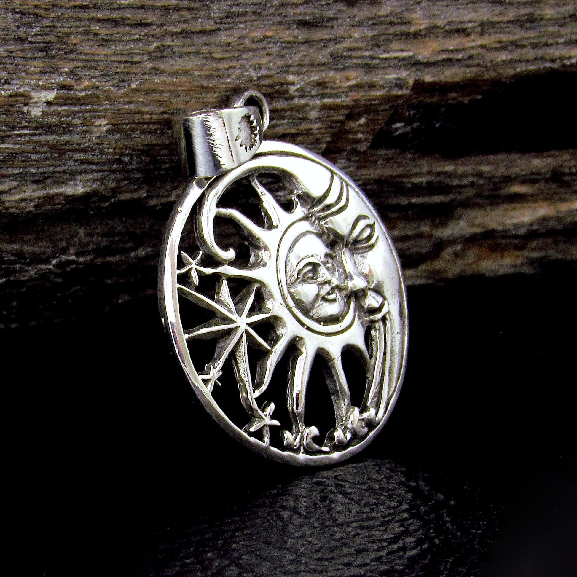 Solid 925 Sterling Silver Sun and Moon Face Pendant, Cosmic Stars Jewelry, Astrology Amulet