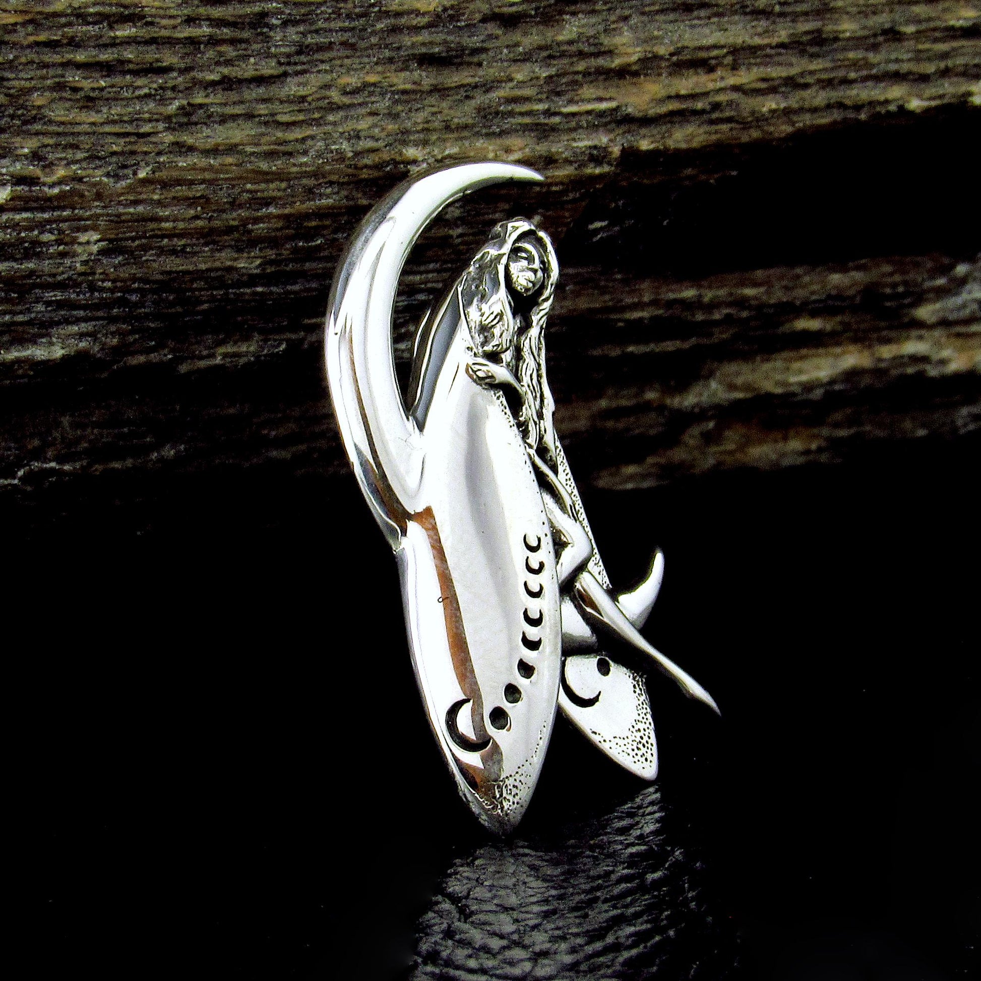 Solid 925 Sterling Silver Moon Fairy Pendant, Crescent Moon Faerie Amulet, Celestial Fantasy Jewelry
