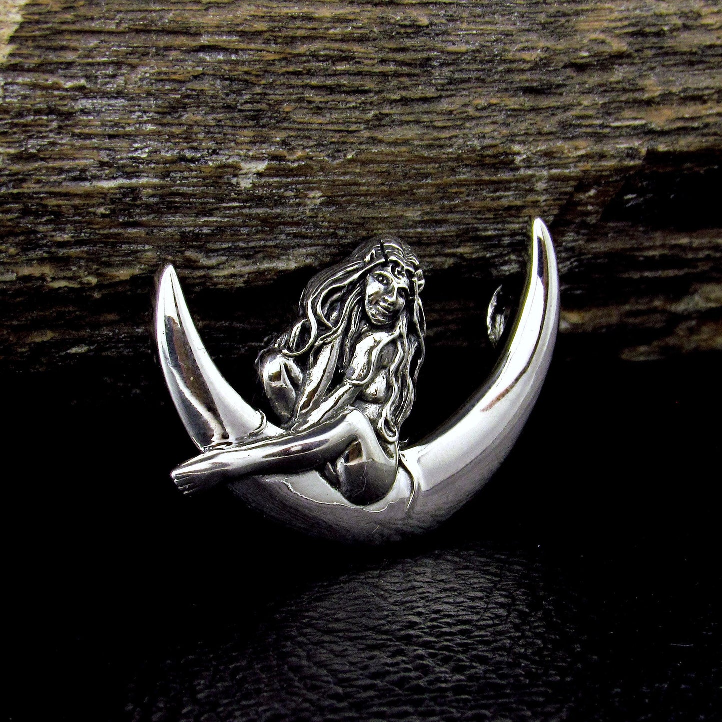 Solid 925 Sterling Silver Guardian Fairy on Crescent Moon Slide Pendant, Faerie Child Amulet