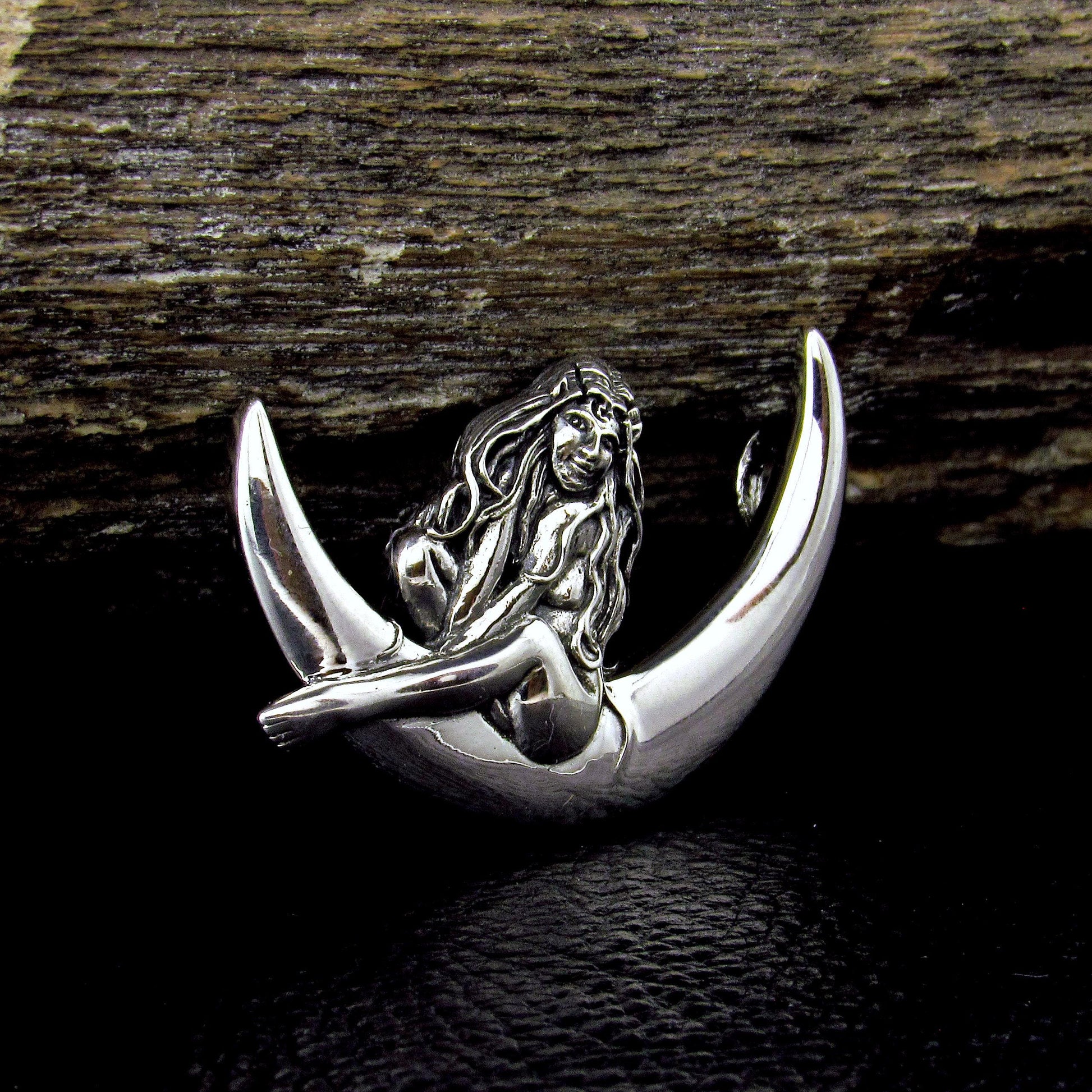 Solid 925 Sterling Silver Guardian Fairy on Crescent Moon Slide Pendant, Faerie Child Amulet