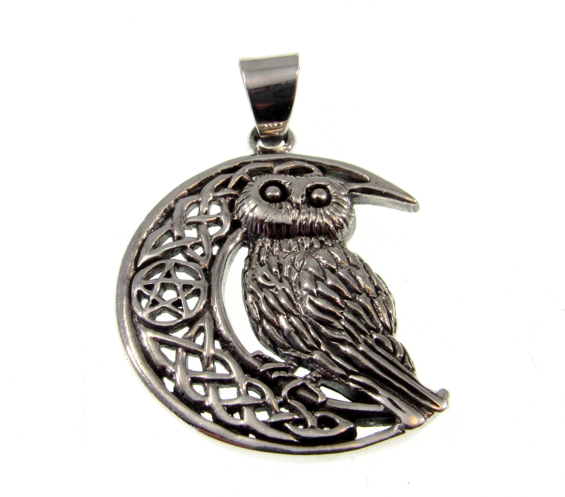 Solid 925 Sterling Silver Owl Crescent Moon Pendant, Celtic Knot Pentacle Wisdom Amulet
