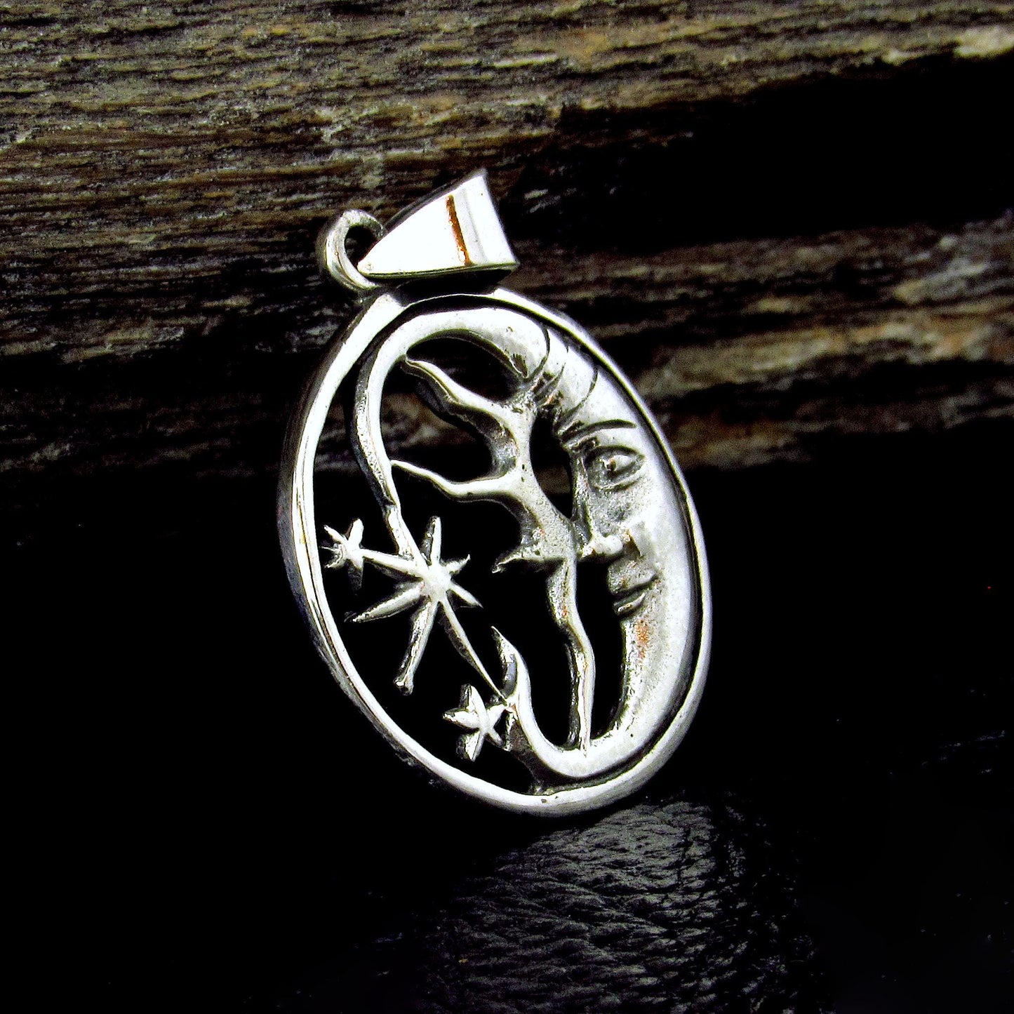Solid 925 Sterling Silver Crescent Moon Face Pendant, Celestial Stars Amulet, Astrology Jewelry