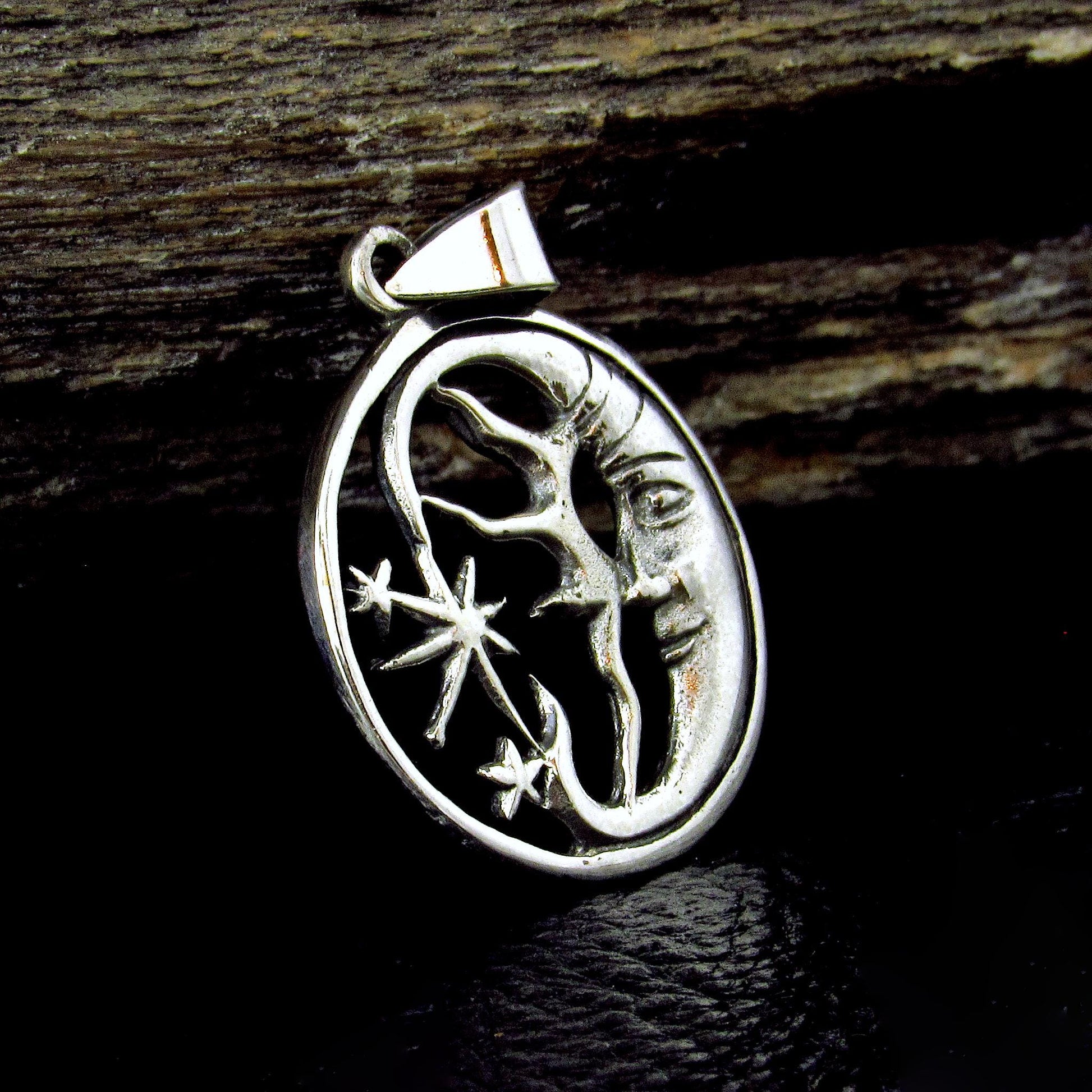 Solid 925 Sterling Silver Crescent Moon Face Pendant, Celestial Stars Amulet, Astrology Jewelry
