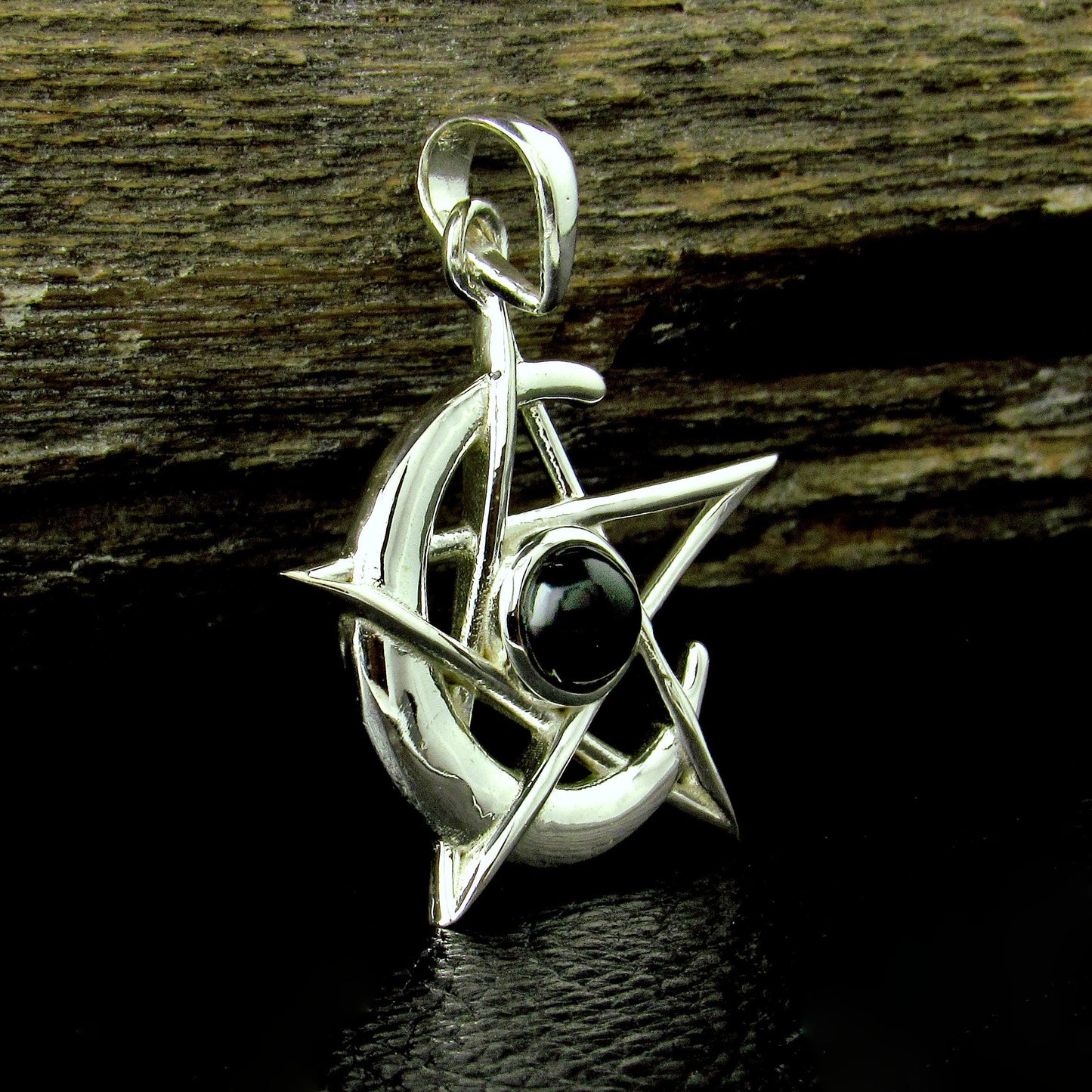 Solid 925 Sterling Silver Pentacle Moon Pendant – Amethyst, Moonstone or Onyx – Pagan Protection Symbol