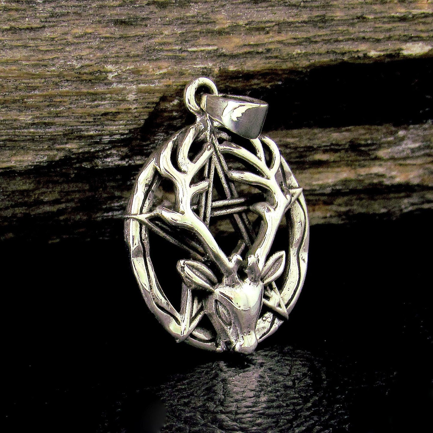 Solid 925 Sterling Silver Horned God Pentagram Pendant – Cernunnos Stag Pentacle, Pagan Protection Amulet