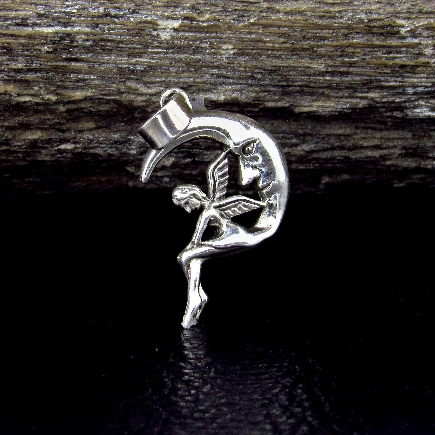 Solid 925 Sterling Silver Moon Fairy Pendant – Crescent Moon Faeire Charm, Celestial Fantasy Jewelry