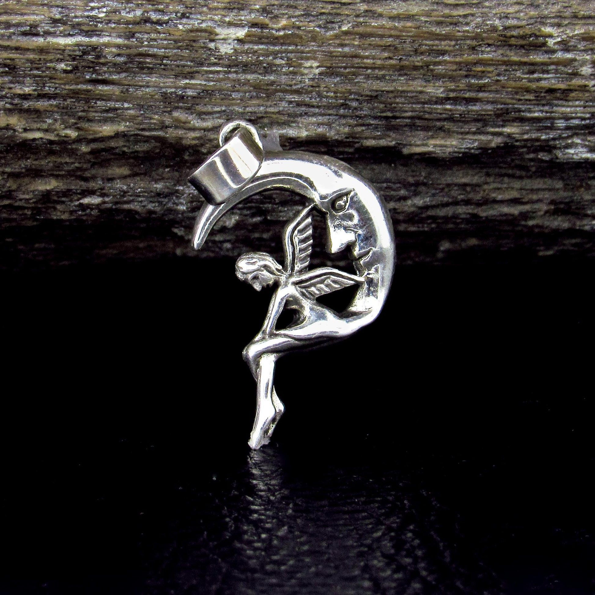 Solid 925 Sterling Silver Moon Fairy Pendant – Crescent Moon Faeire Charm, Celestial Fantasy Jewelry