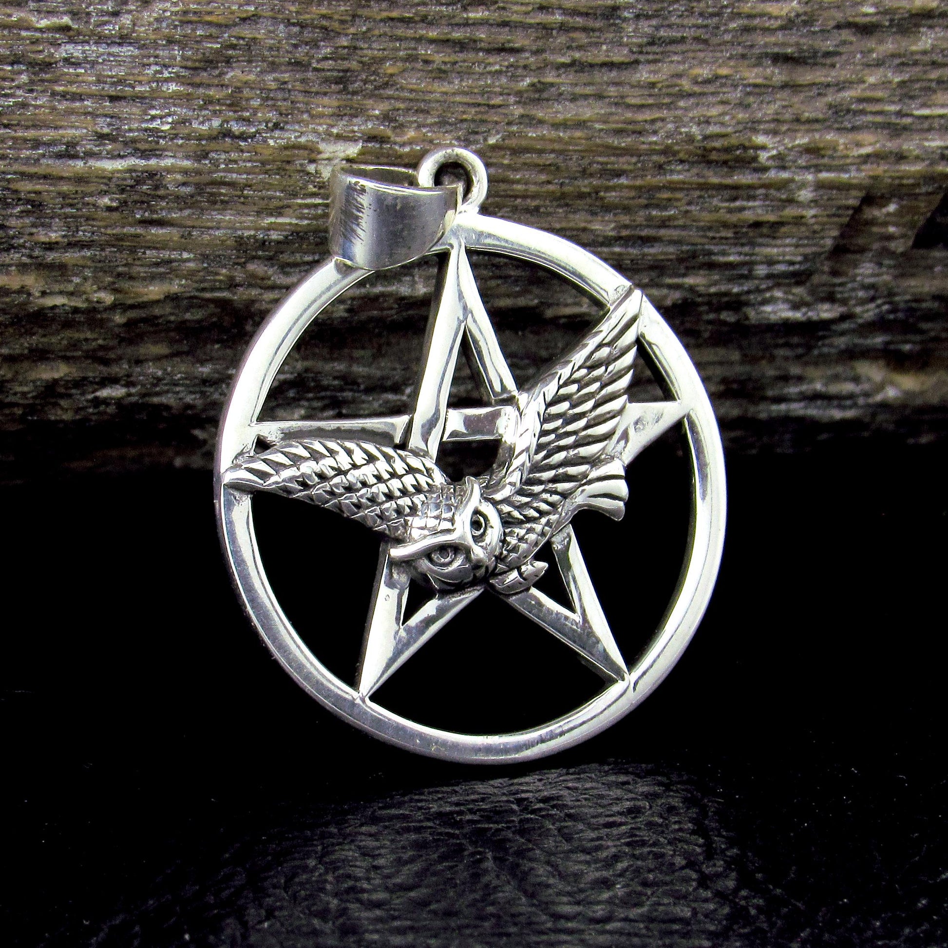 Solid 925 Sterling Silver Owl Pentacle Pendant, Flying Owl Pentagram Amulet, Pagan Protection Talisman