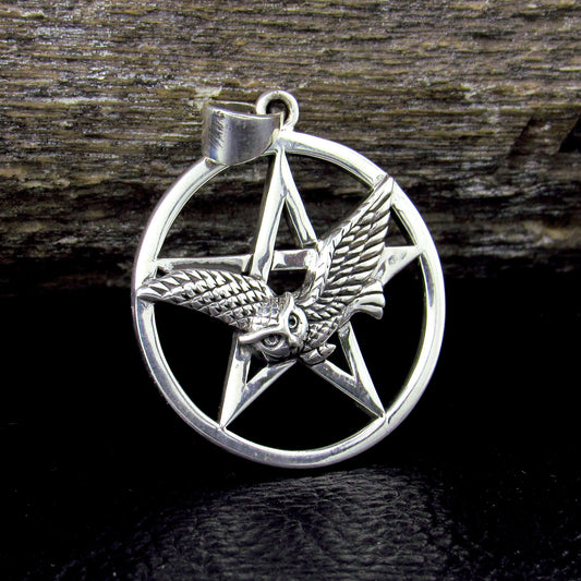 Solid 925 Sterling Silver Owl Pentacle Pendant, Flying Owl Pentagram Amulet, Pagan Protection Talisman