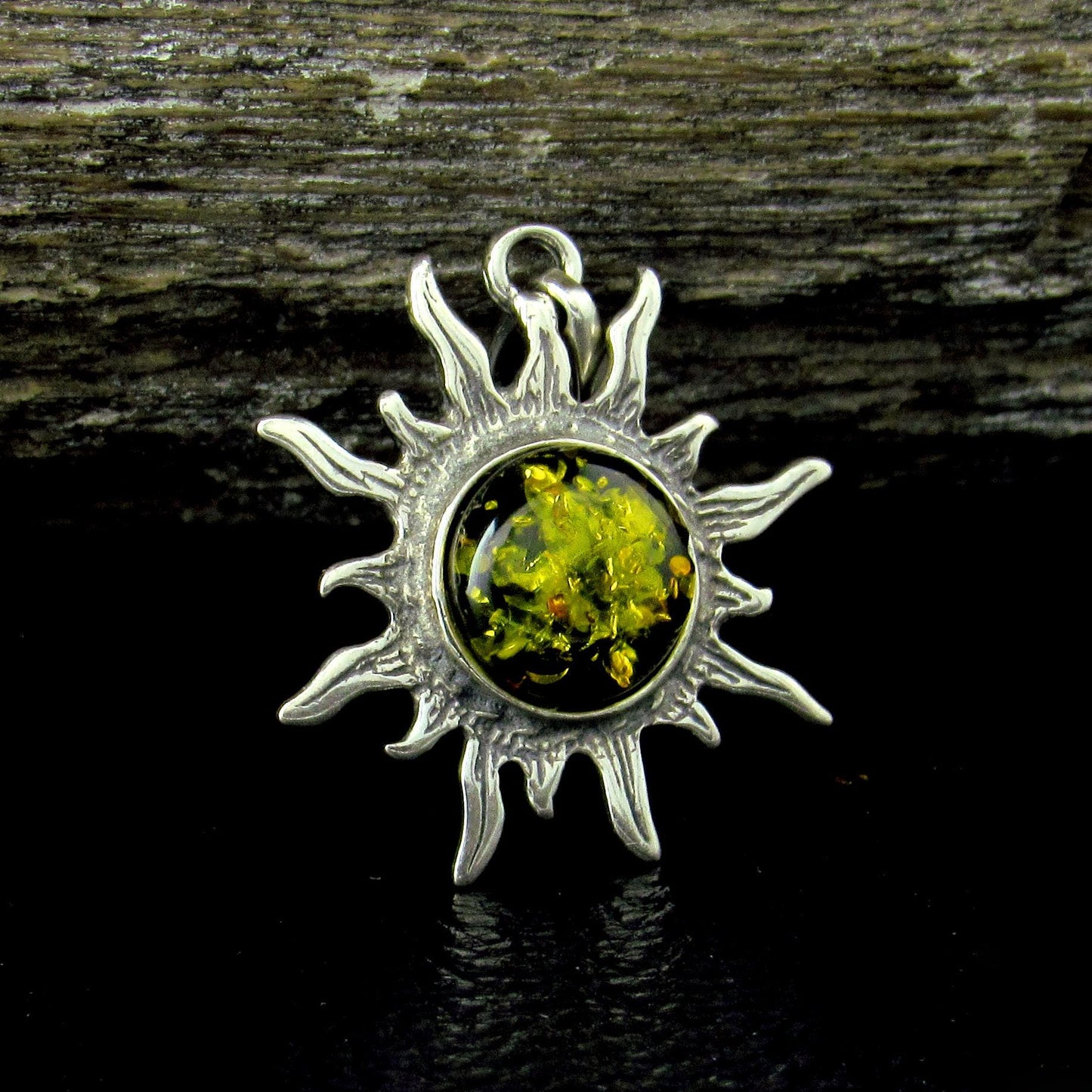 Solid 925 Sterling Silver Amber Sun Pendant – Baltic Amber Solar Necklace, Honey or Green