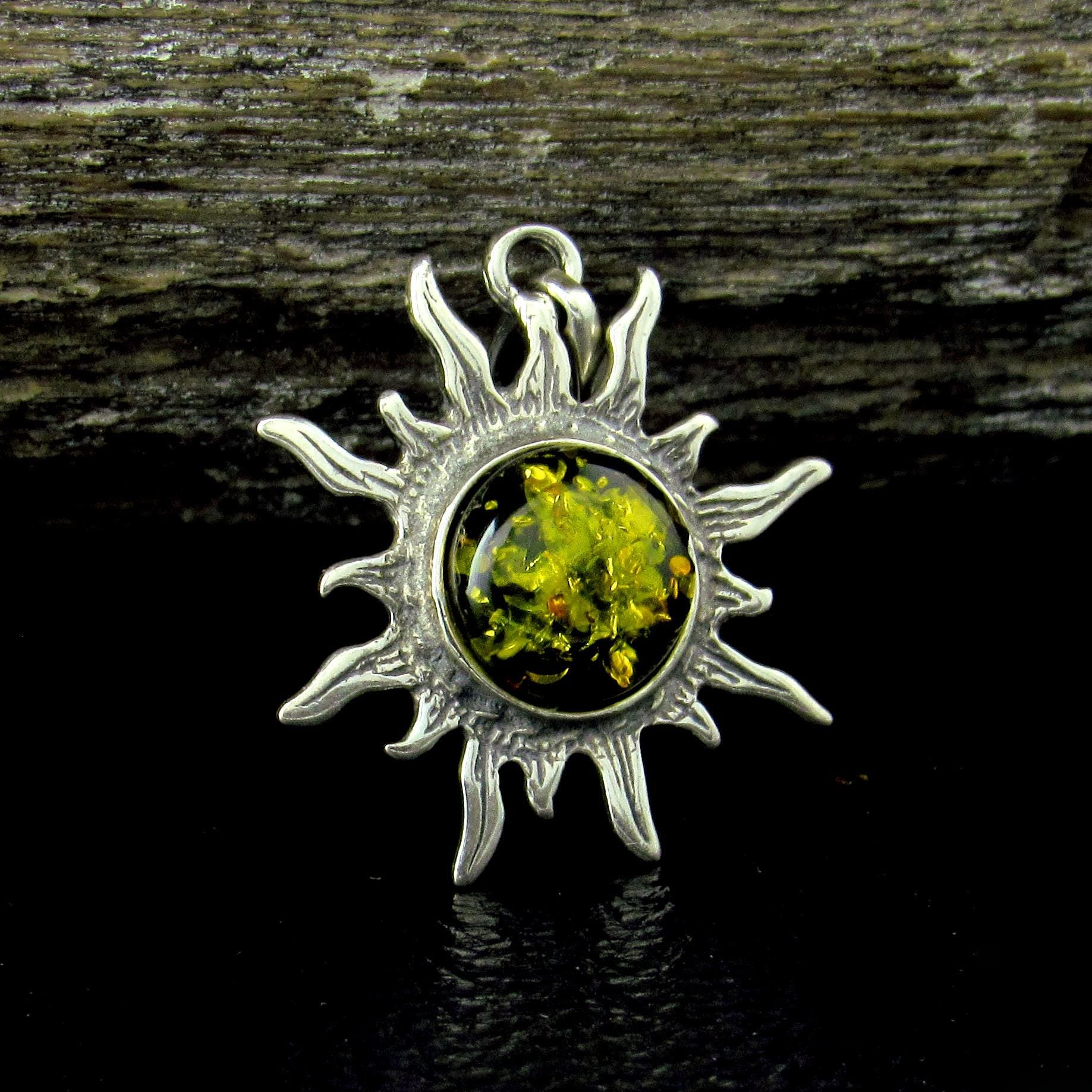 Solid 925 Sterling Silver Amber Sun Pendant – Baltic Amber Solar Necklace, Honey or Green
