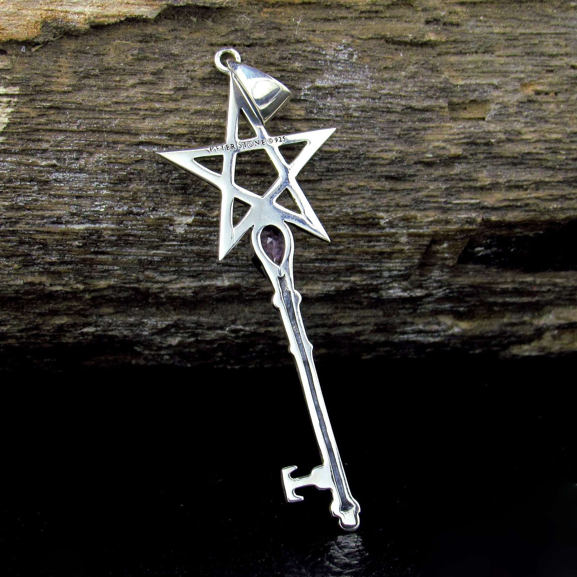 Solid 925 Sterling Silver Pentagram Key Gemstone Pendant – Amethyst Garnet Moonstone Labradorite Topaz