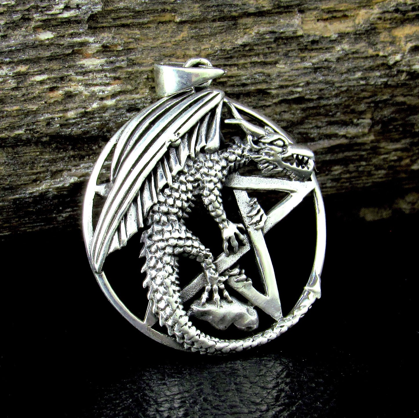 Solid 925 Sterling Silver Dragon Pentagram Pendant – Gothic Wiccan Protection Pentacle, Mythical Occult Talisman