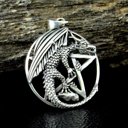 Solid 925 Sterling Silver Dragon Pentagram Pendant – Gothic Wiccan Protection Pentacle, Mythical Occult Talisman