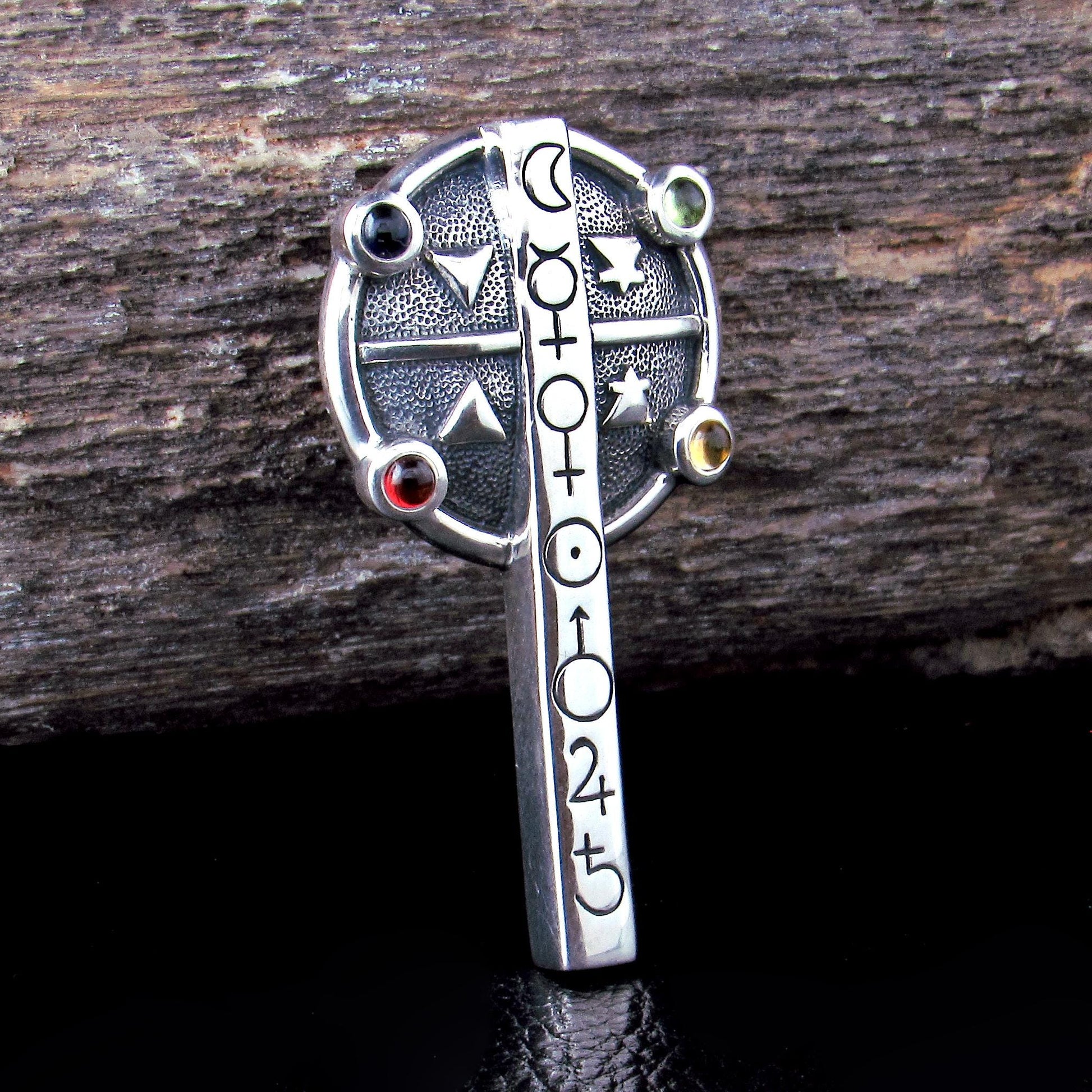 925 Sterling Silver Astrologer’s Cross Pendant – Occult Talisman with Amethyst, Garnet, Peridot & Amber