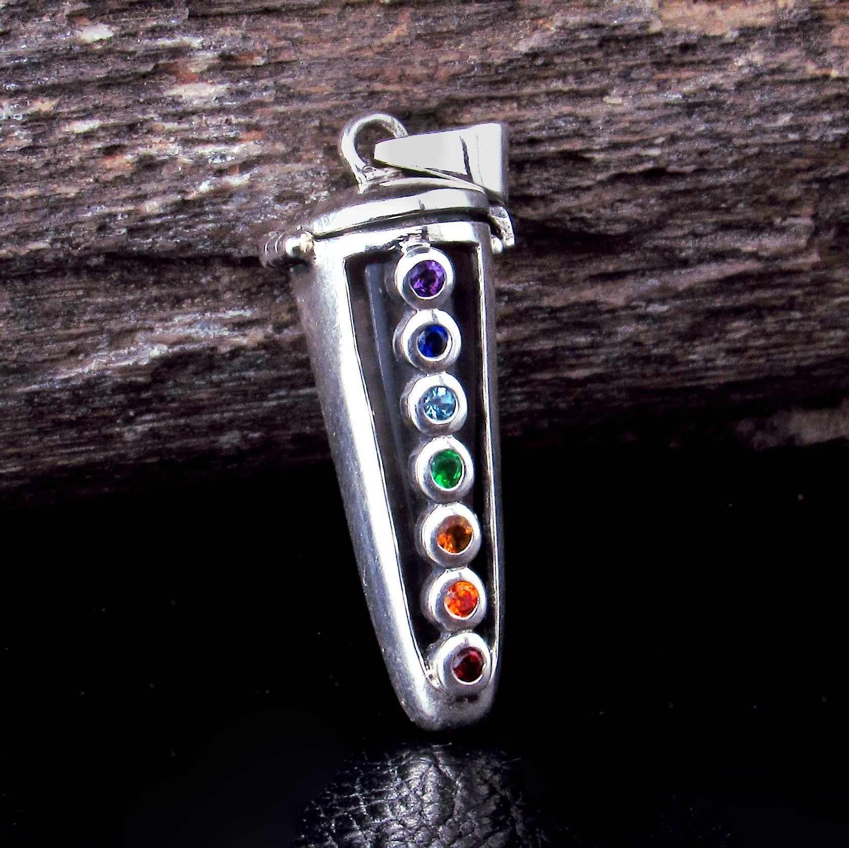 Solid 925 Sterling Silver Chakra Pendulum Pendant, Compartment with Hinged Lid – Seven Gemstone Locket