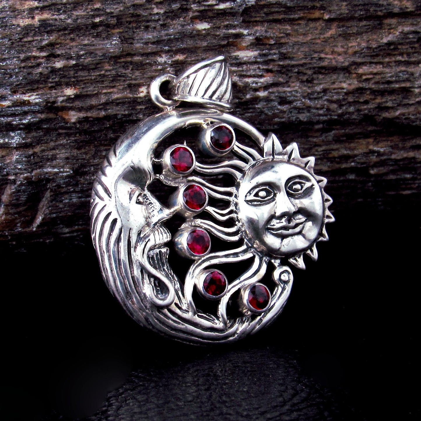 Solid 925 Sterling Silver & Garnet Gemstones Sun and Crescent Moon Faces Pendant, Handcrafted Cosmic Celestial Amulet