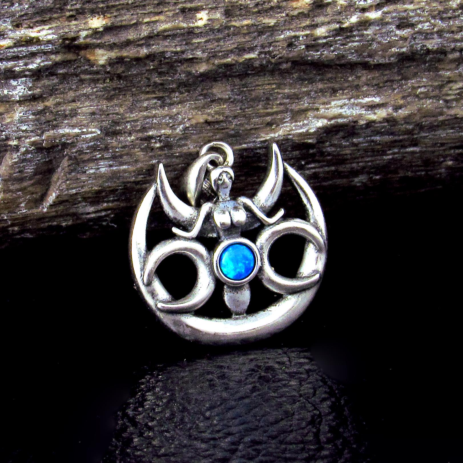 Solid 925 Sterling Silver & Lab-Created Blue Opal Winged Triple Moon Goddess Pendant, Handcrafted Magical Celestial Charm