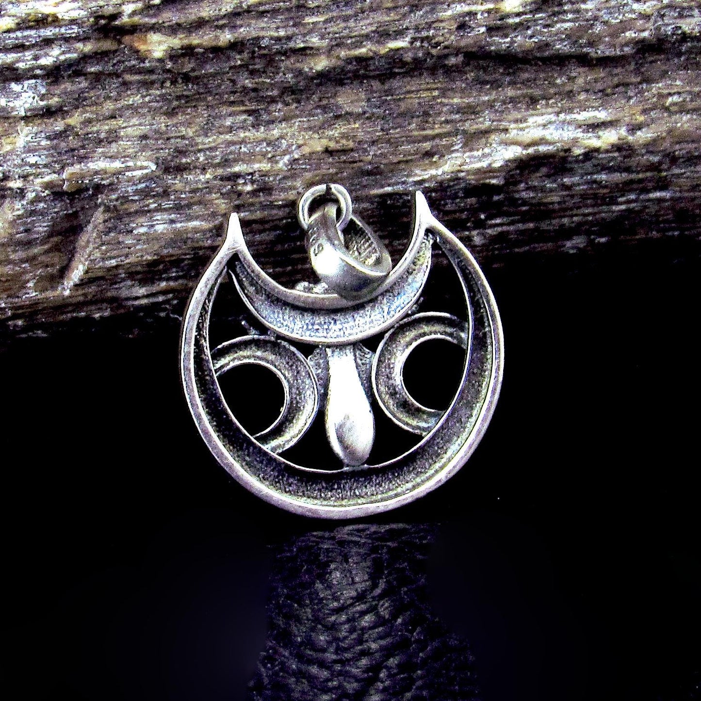 Solid 925 Sterling Silver & Lab-Created Blue Opal Winged Triple Moon Goddess Pendant, Handcrafted Magical Celestial Charm