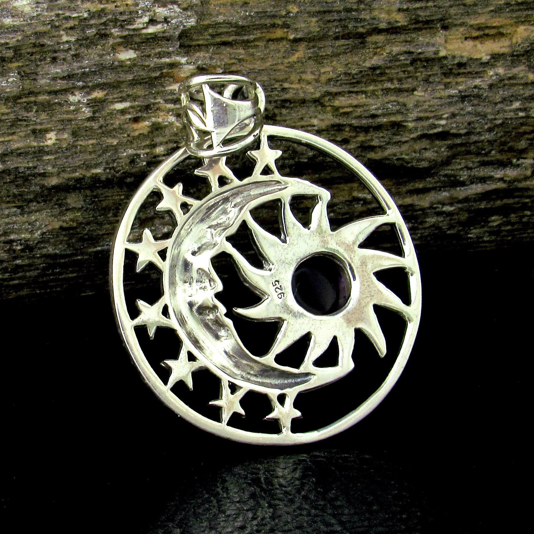 Solid 925 Sterling Silver Sun Moon & Stars Pendant, Handcrafted with Gemstone, Unique Mystical Amulet, Cosmic Celestial Wiccan Jewelry