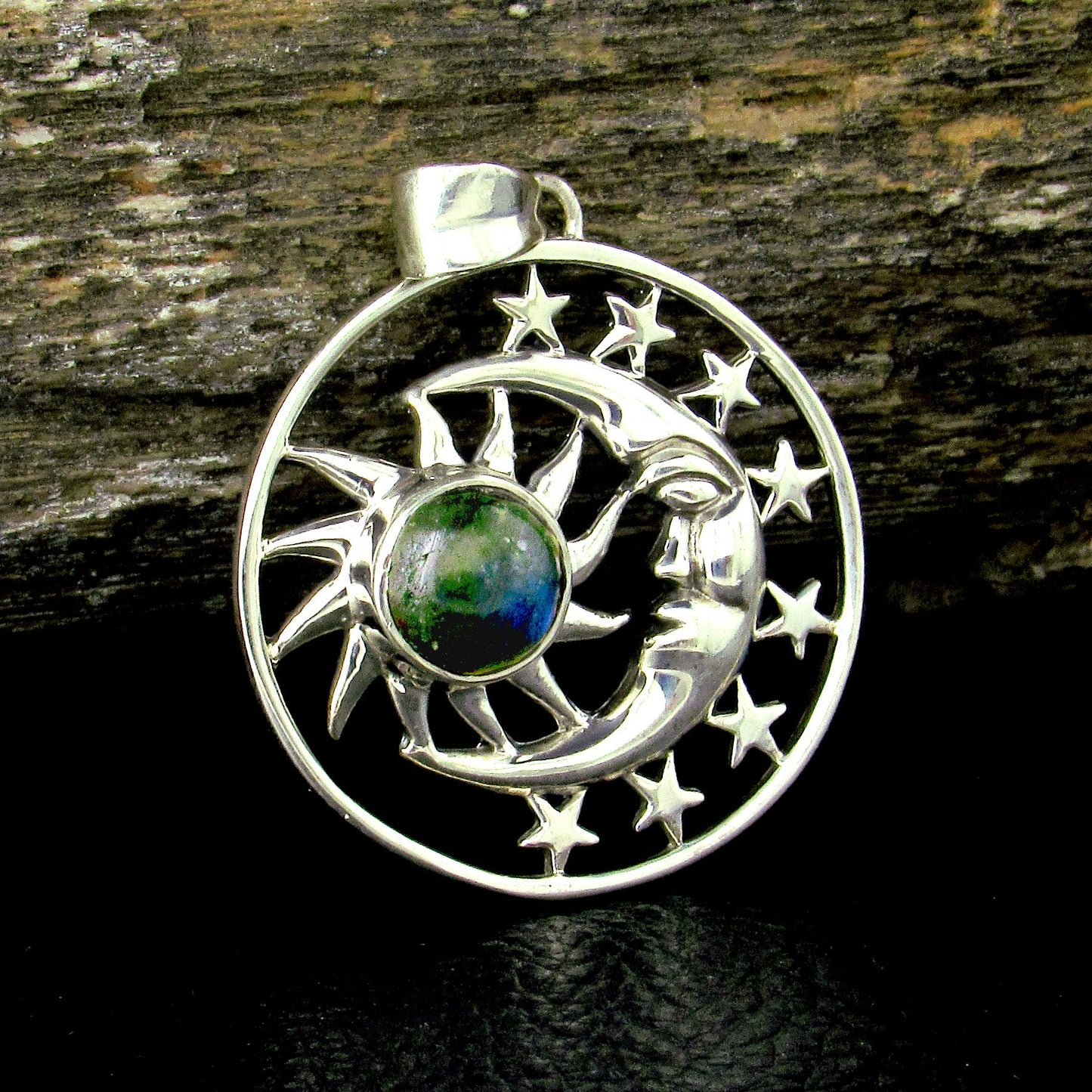 Solid 925 Sterling Silver Sun Moon & Stars Pendant, Handcrafted with Gemstone, Unique Mystical Amulet, Cosmic Celestial Wiccan Jewelry