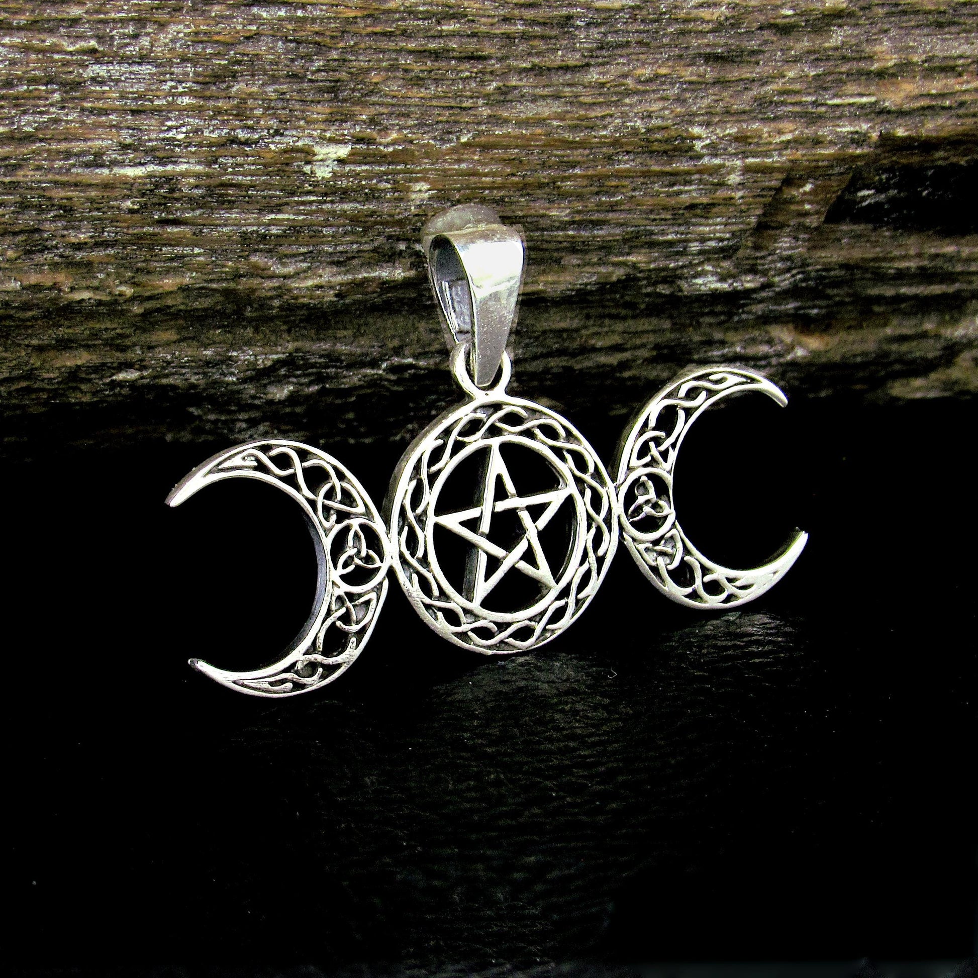 Solid 925 Sterling Silver Triple Moon Pentacle Pendant – Celtic Knot Goddess Moon Necklace Amulet