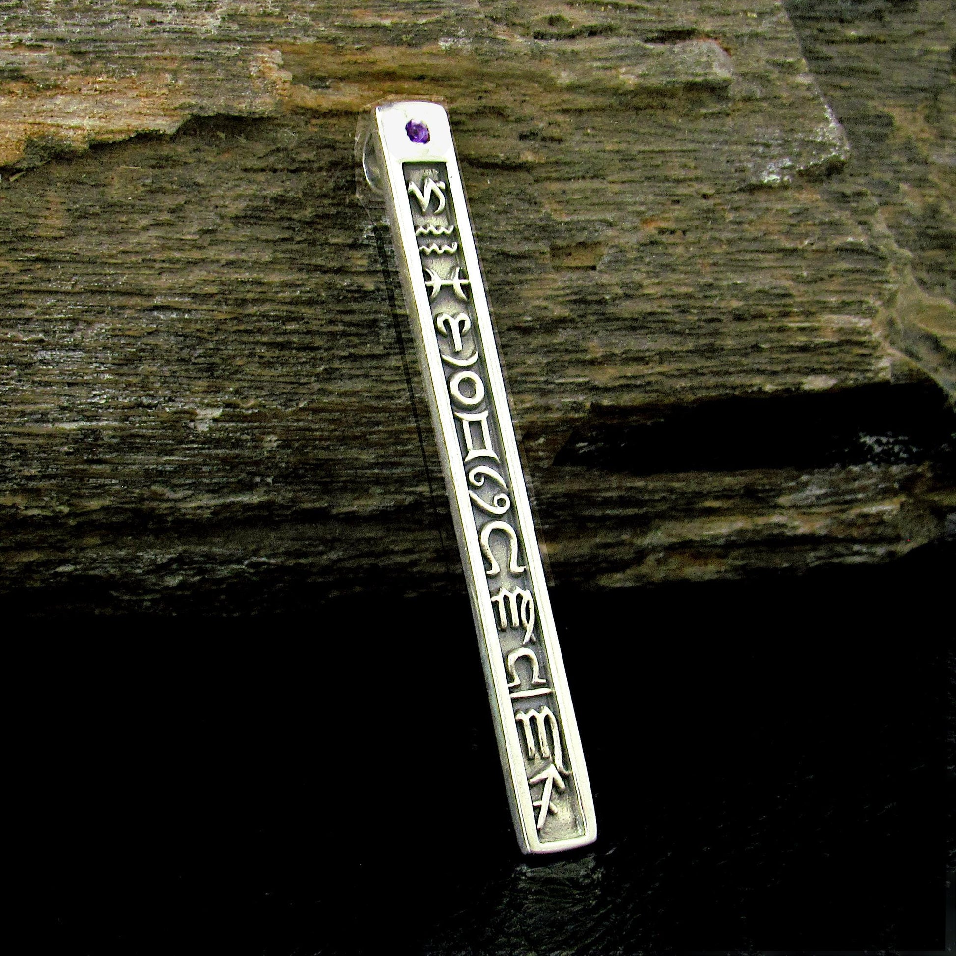Solid 925 Sterling Silver 12 Zodiac Symbols Pendant – Astrology Horoscope Column Amethyst or Garnet