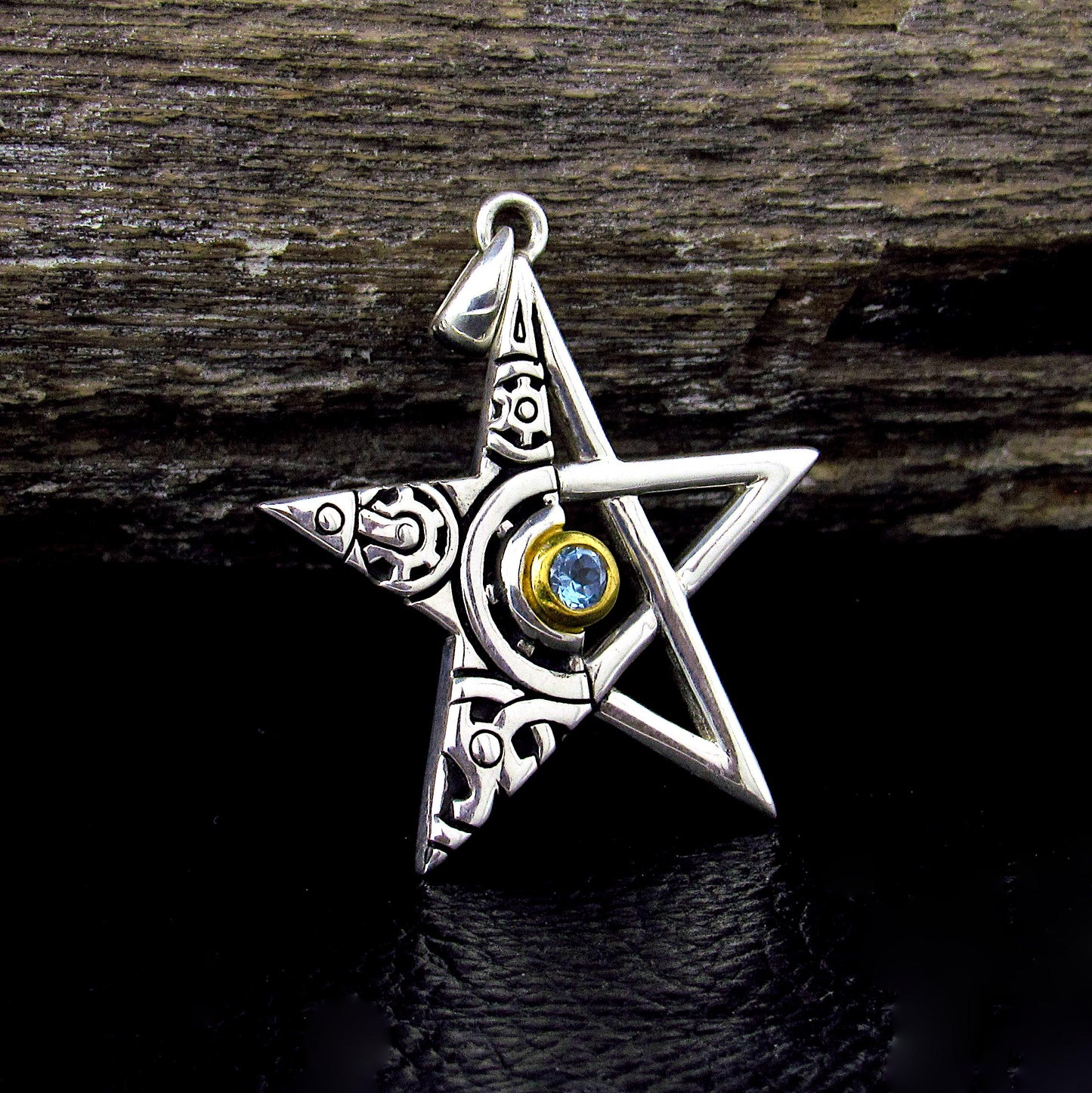 Solid 925 Sterling Silver Gear Pentagram Pendant – Mechanical Pagan Talisman, 14k Gold Garnet / Topaz