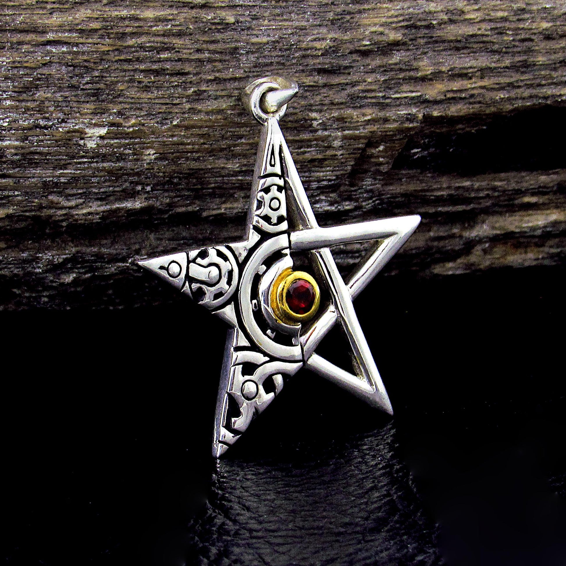 Solid 925 Sterling Silver Gear Pentagram Pendant – Mechanical Pagan Talisman, 14k Gold Garnet / Topaz