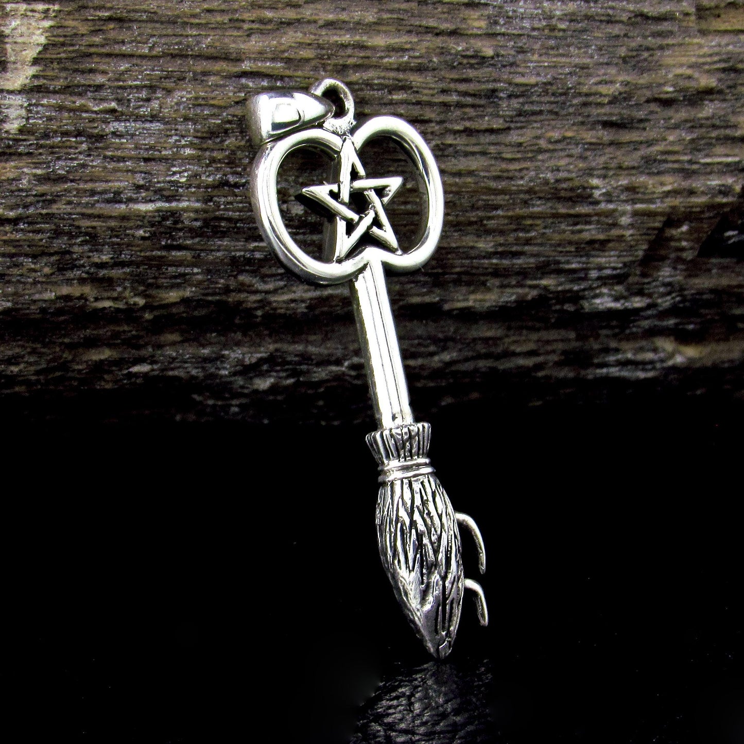 Solid 925 Sterling Silver Besom Key Pendant. Witch’s Broom Pentacle, Pagan Amulet, Wiccan Jewelry
