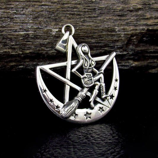 Solid 925 Sterling Silver Salem Witch on Crescent Moon Pentagram Pendant, Pagan Amulet