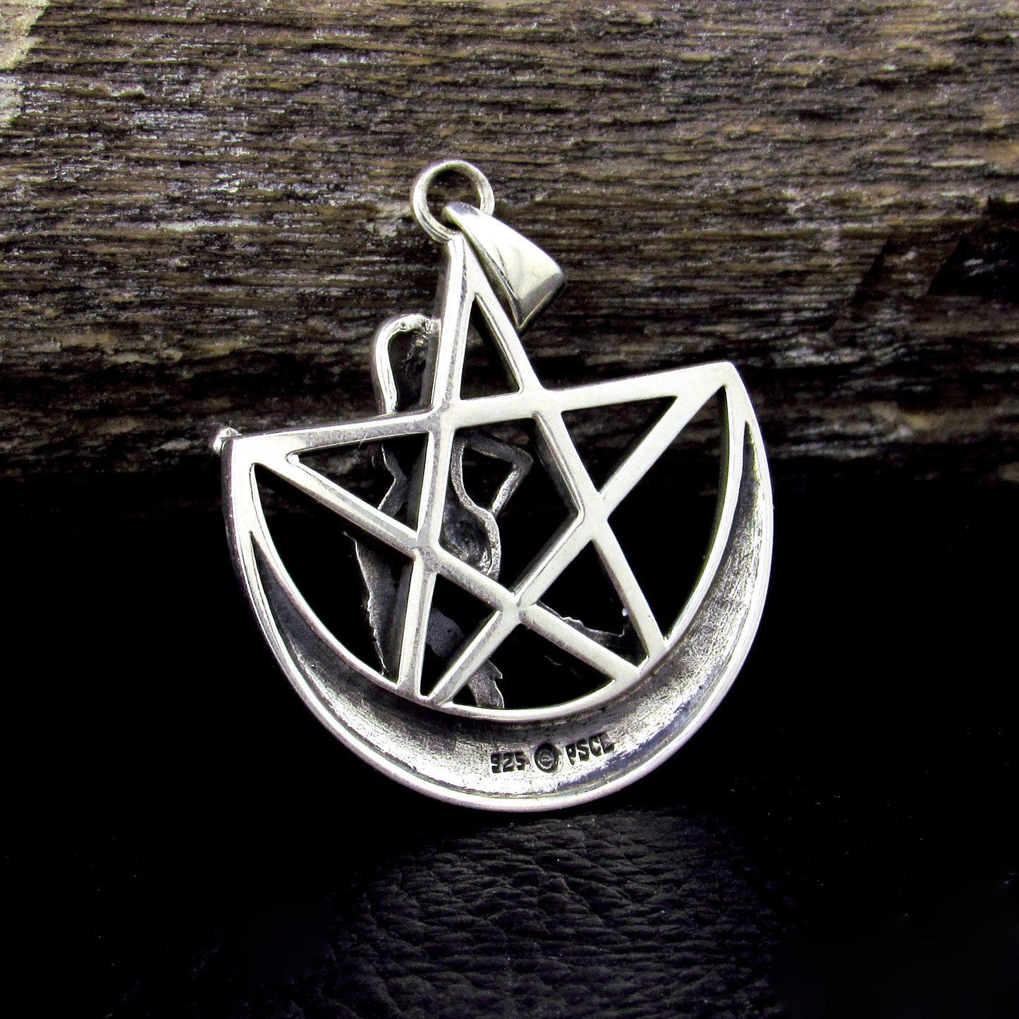 Solid 925 Sterling Silver Salem Witch on Crescent Moon Pentagram Pendant, Pagan Amulet