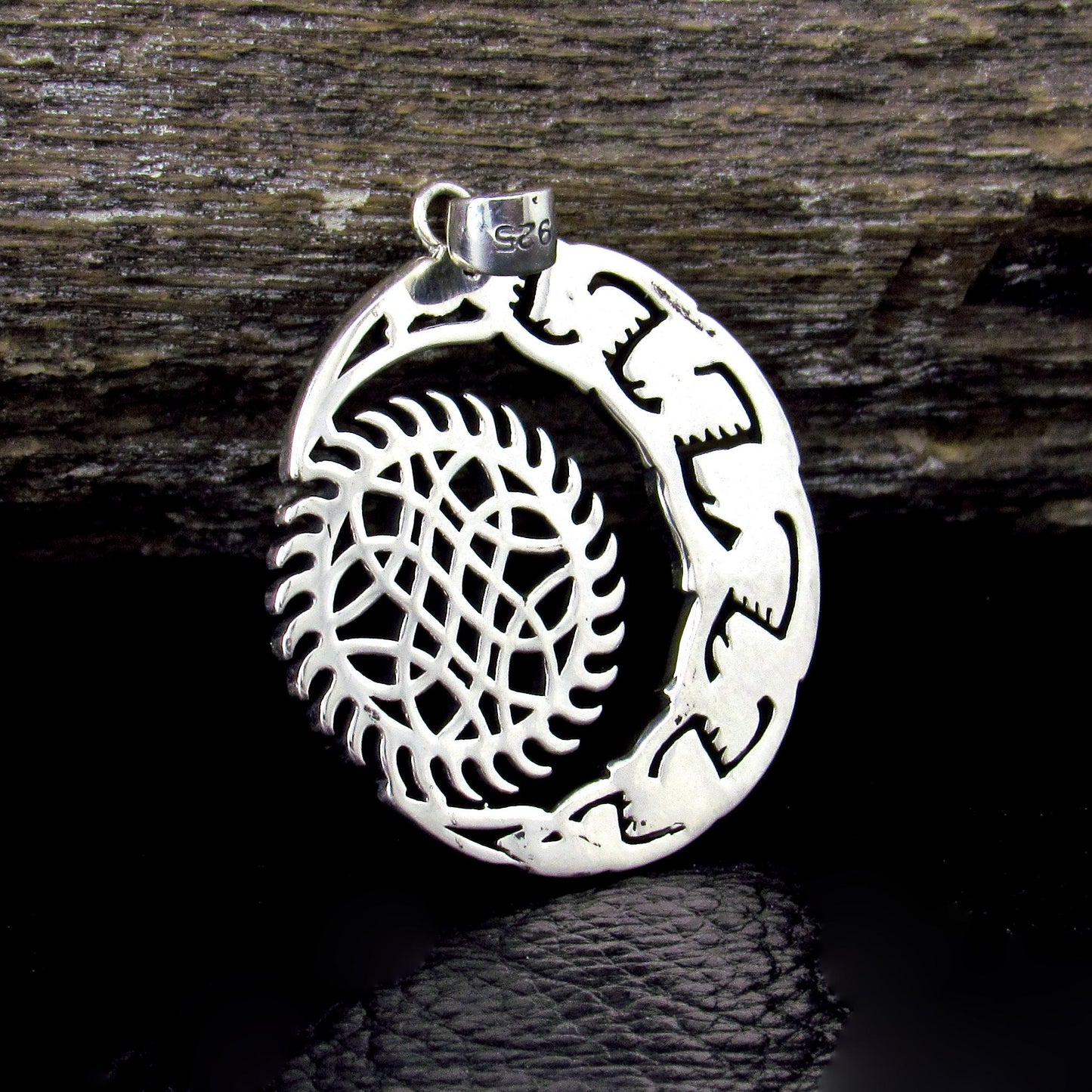 Solid 925 Sterling Silver Crescent Moon And Sun Pendant, Celtic Zoomorphic Beasts Amulet