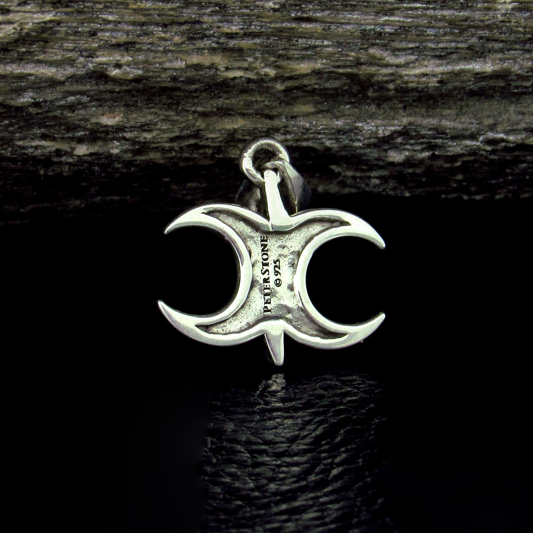 Solid 925 Sterling Silver Triple Moon Lightning Bolt Pendant – Wiccan Triple Goddess Amulet