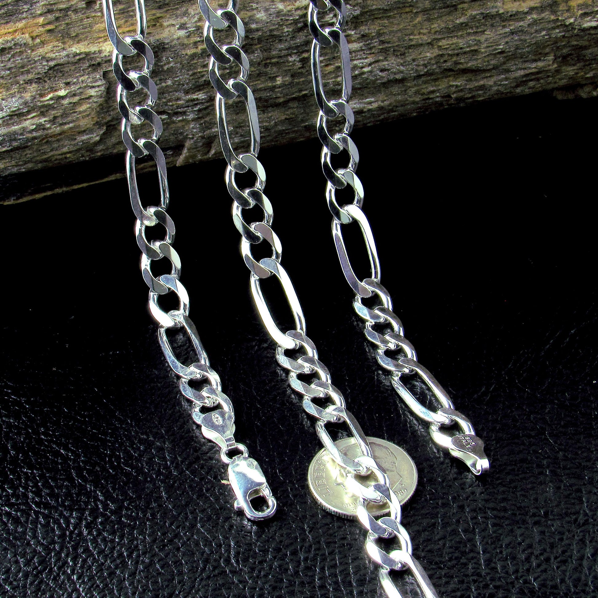 7mm 180 Gauge Men's Italian Figaro Chain Bracelet or Necklace, Solid 925 Sterling Silver, Made in Italy, 8–30 Inch