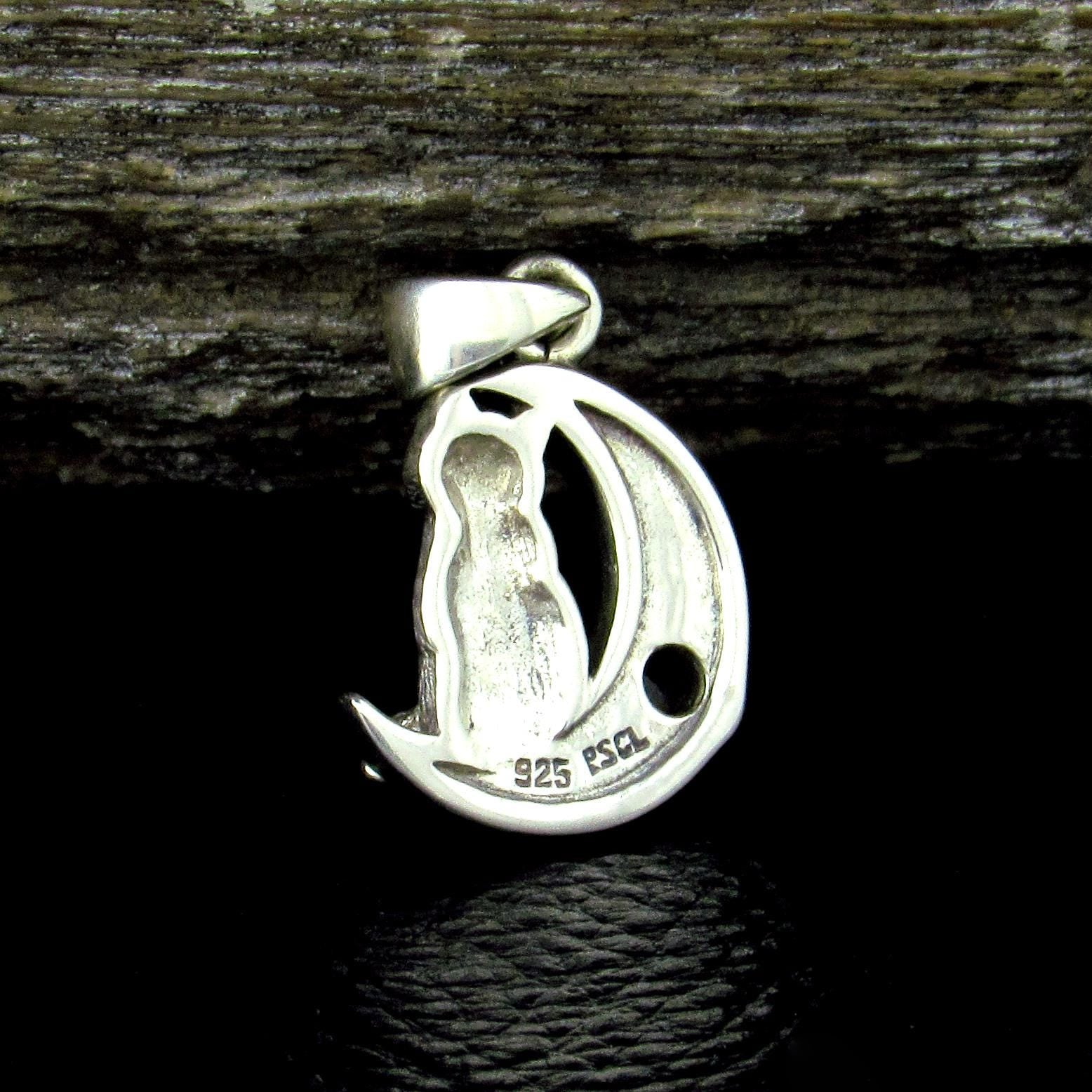 Solid 925 Sterling Silver Celtic Moon Cat Pendant – Witchy Crescent Moon Amethyst or Moonstone