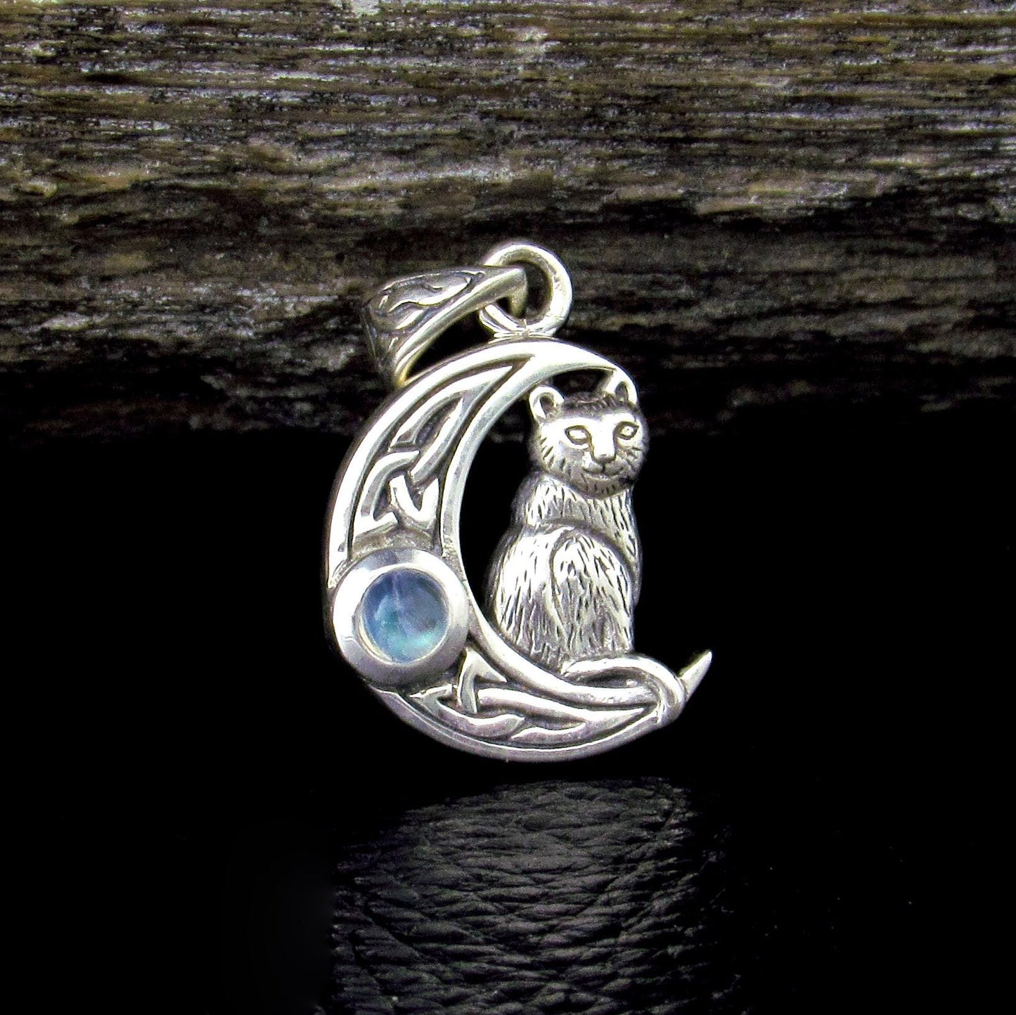 Solid 925 Sterling Silver Celtic Moon Cat Pendant – Witchy Crescent Moon Amethyst or Moonstone