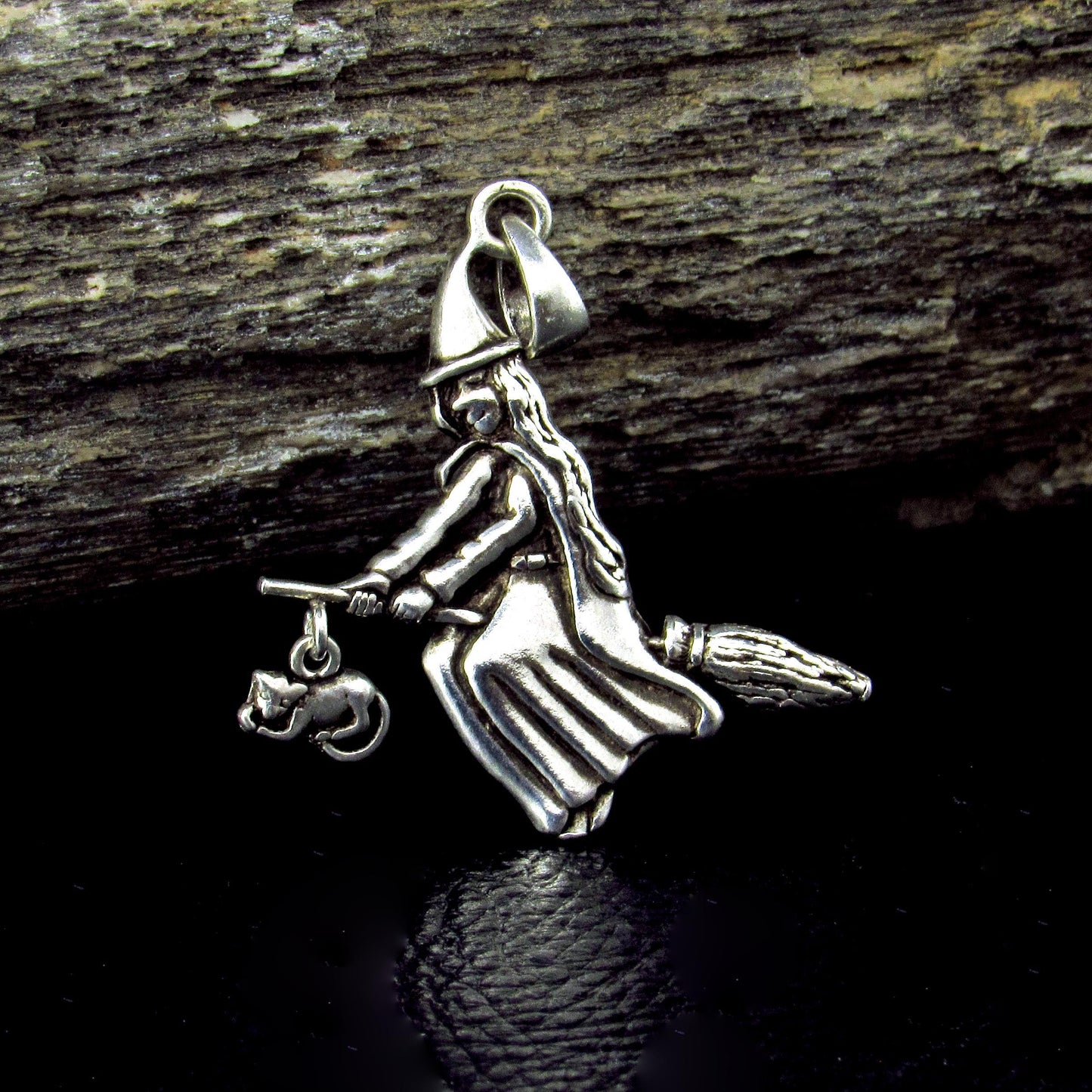 Solid 925 Sterling Silver Witch on Broomstick with Feline Companion Pendant, Magic Wiccan Amulet