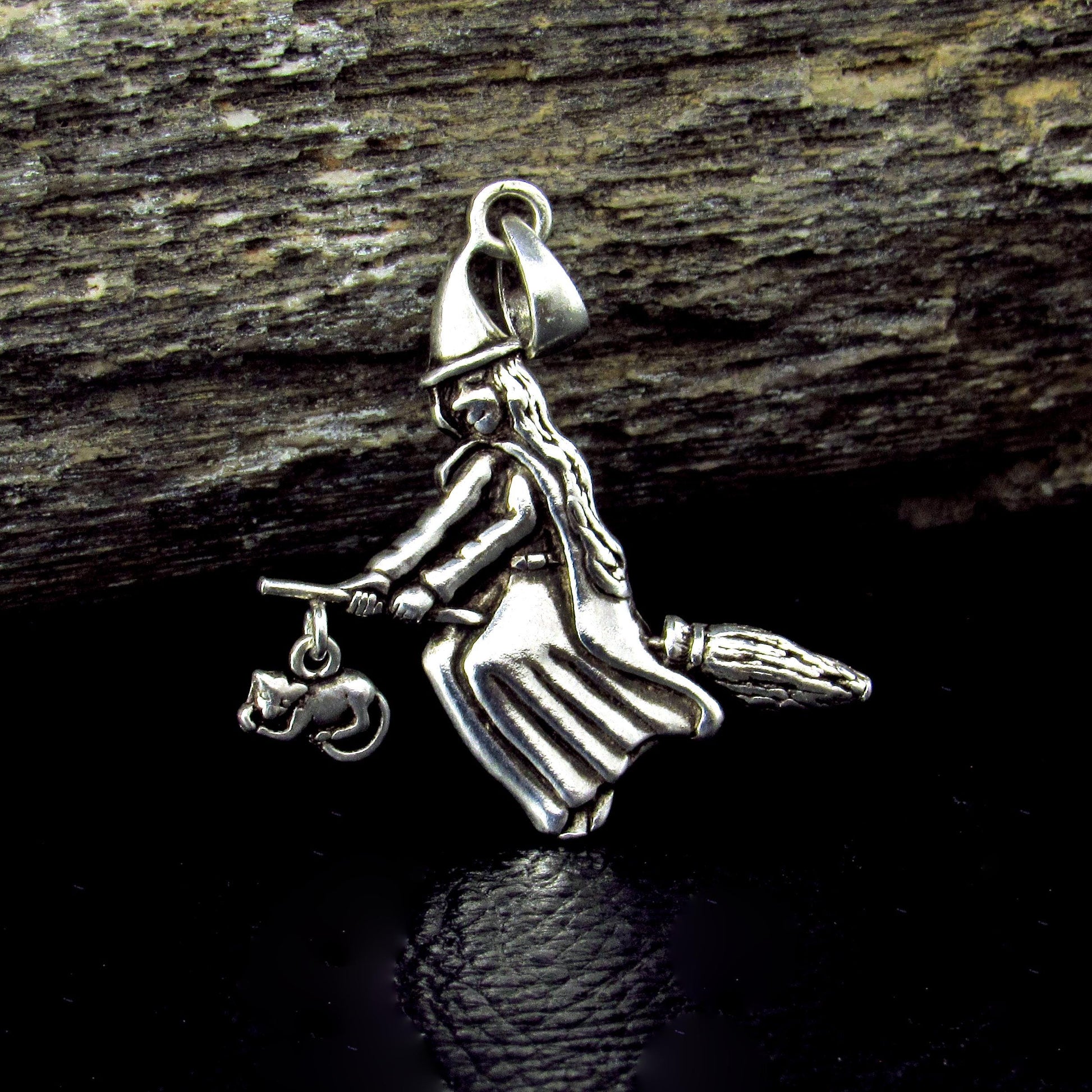 Solid 925 Sterling Silver Witch on Broomstick with Feline Companion Pendant, Magic Wiccan Amulet