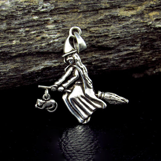 Solid 925 Sterling Silver Witch on Broomstick with Feline Companion Pendant, Magic Wiccan Amulet