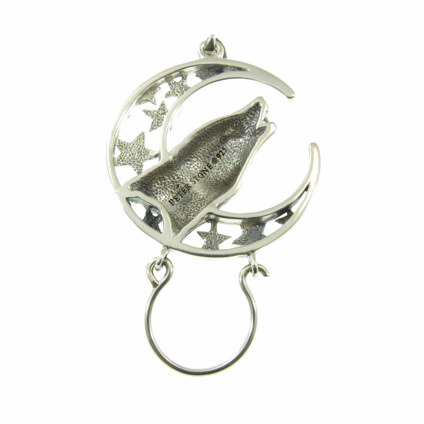 Solid 925 Sterling Silver Baying Wolf Charm Holder Pendant, Crescent Moon Star Celestial Amulet